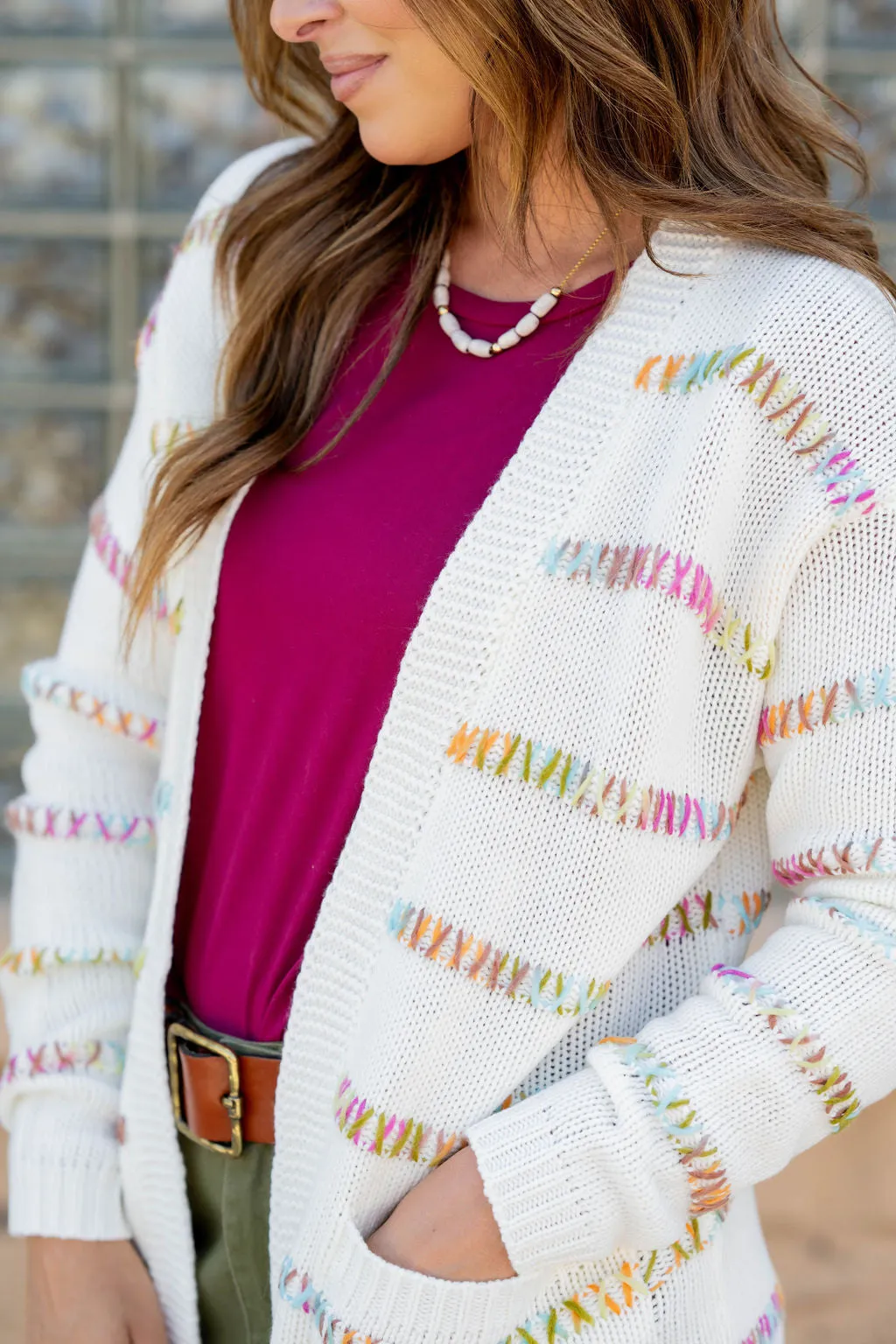 Multi Color Stitch Accented Cardigan