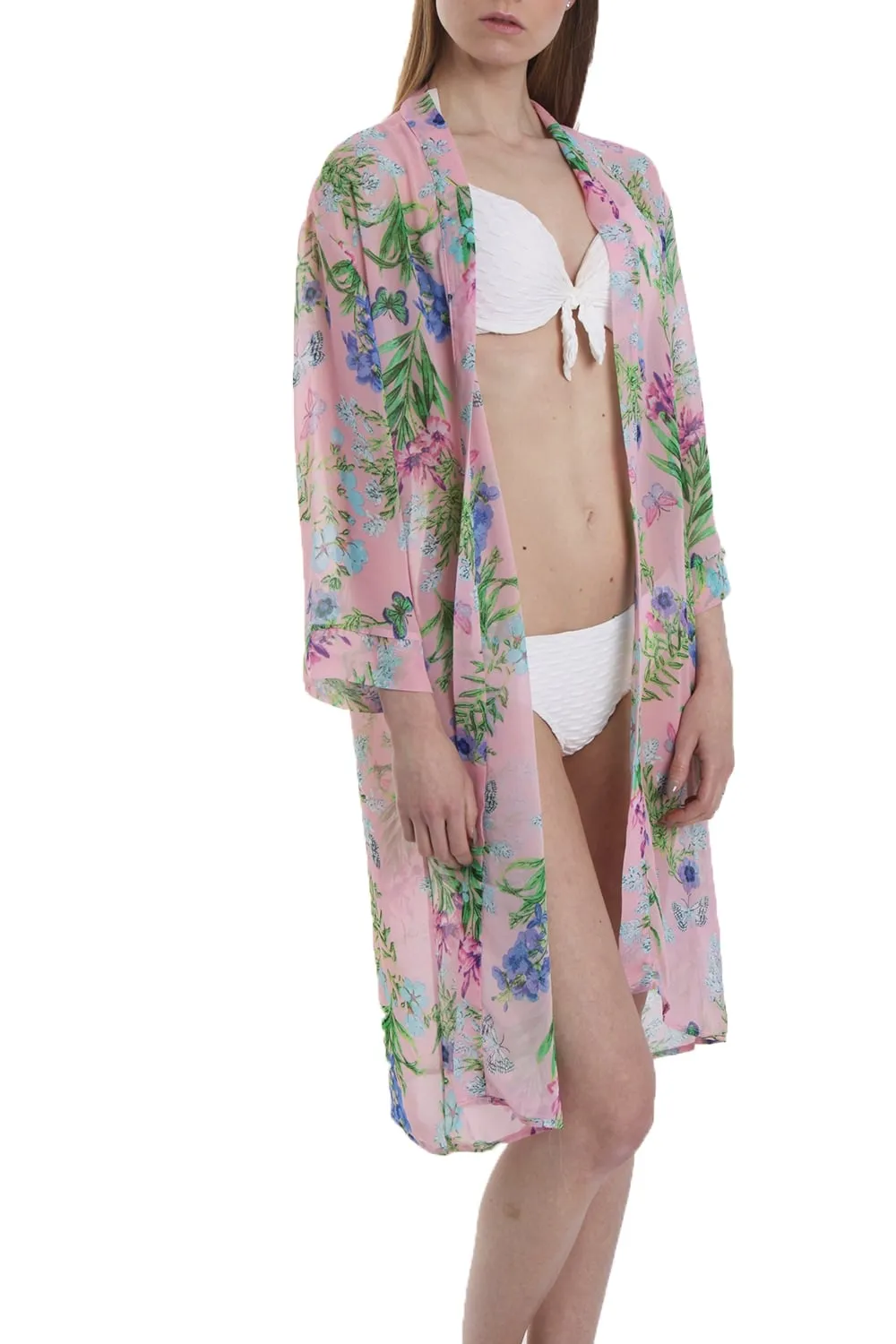 Pink Floral Print Longline Kimono