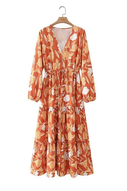 Print Button Tiered Long Sleeve Maxi Dress