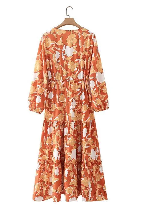 Print Button Tiered Long Sleeve Maxi Dress