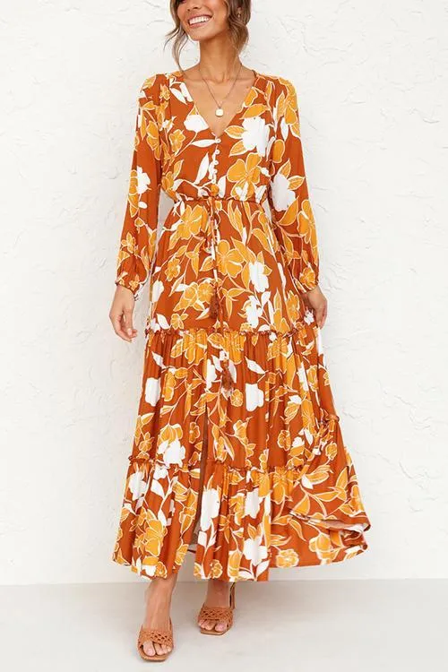 Print Button Tiered Long Sleeve Maxi Dress