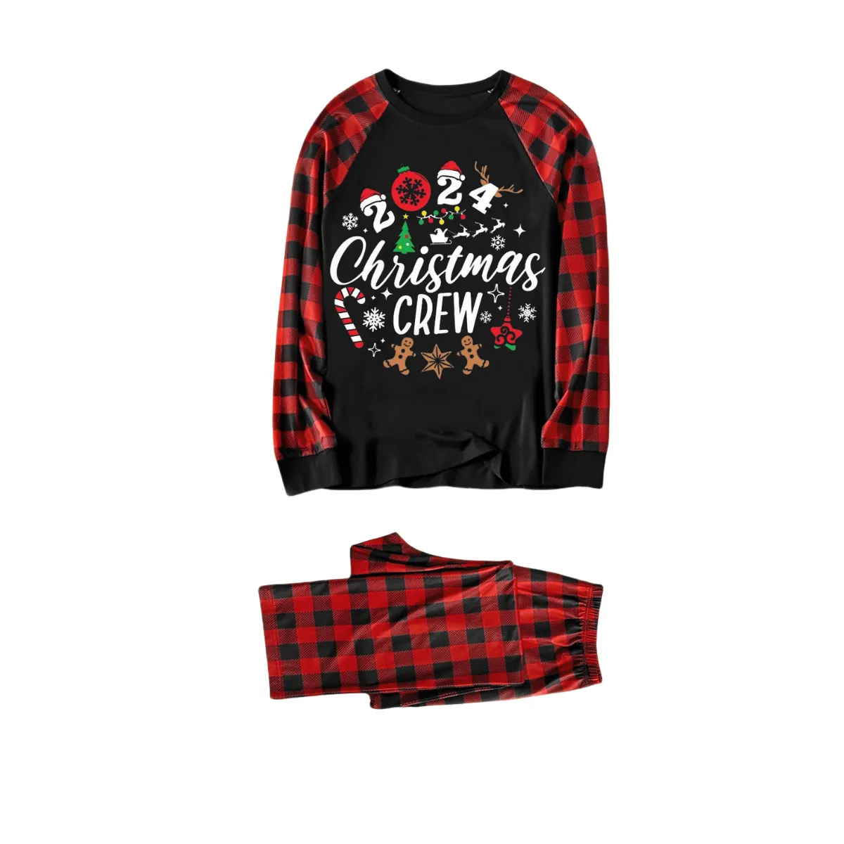 "2024 Christmas Crew" Text Print Black & Red Plaid Christmas Matching Pajamas