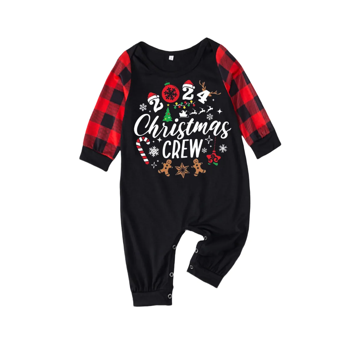 "2024 Christmas Crew" Text Print Black & Red Plaid Christmas Matching Pajamas