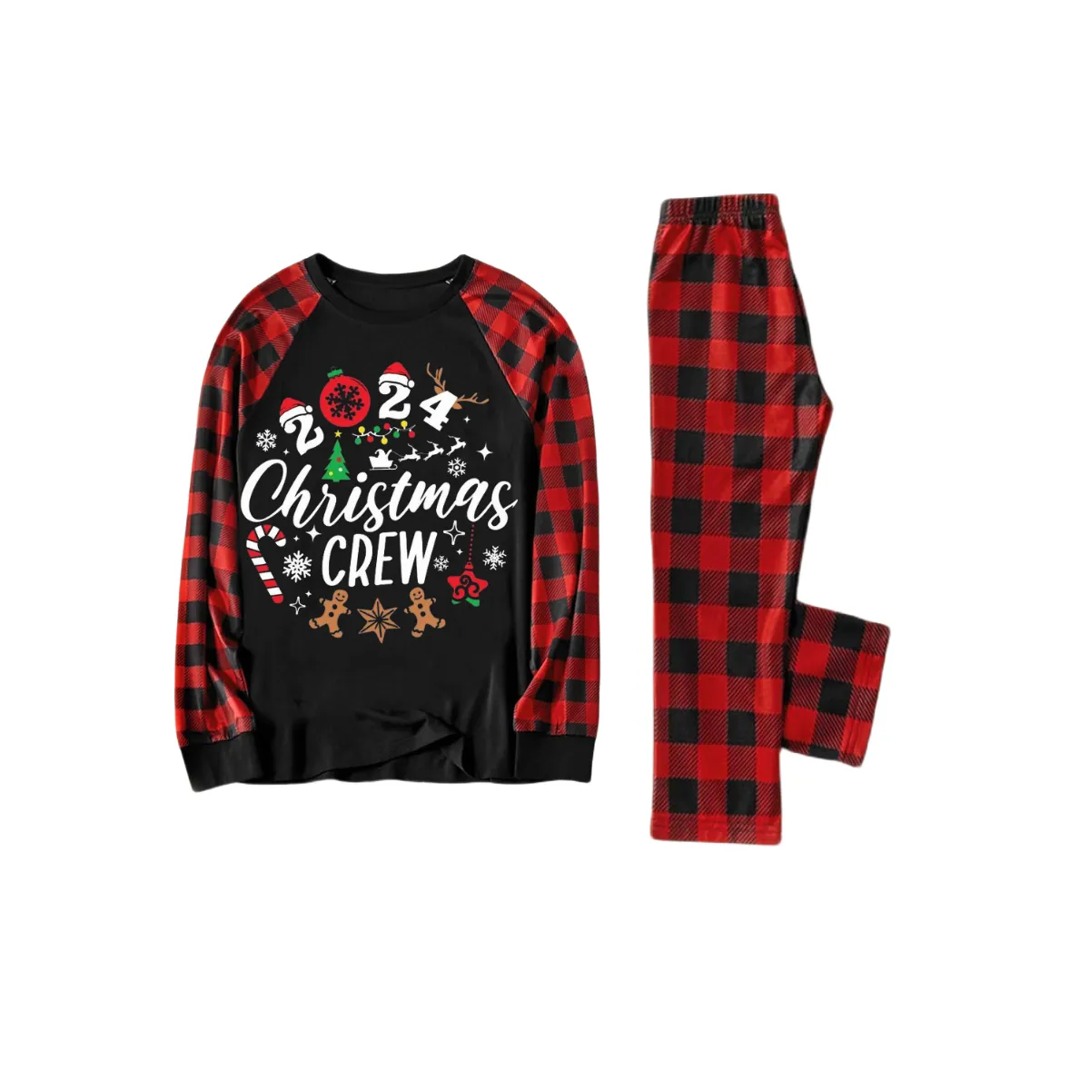 "2024 Christmas Crew" Text Print Black & Red Plaid Christmas Matching Pajamas