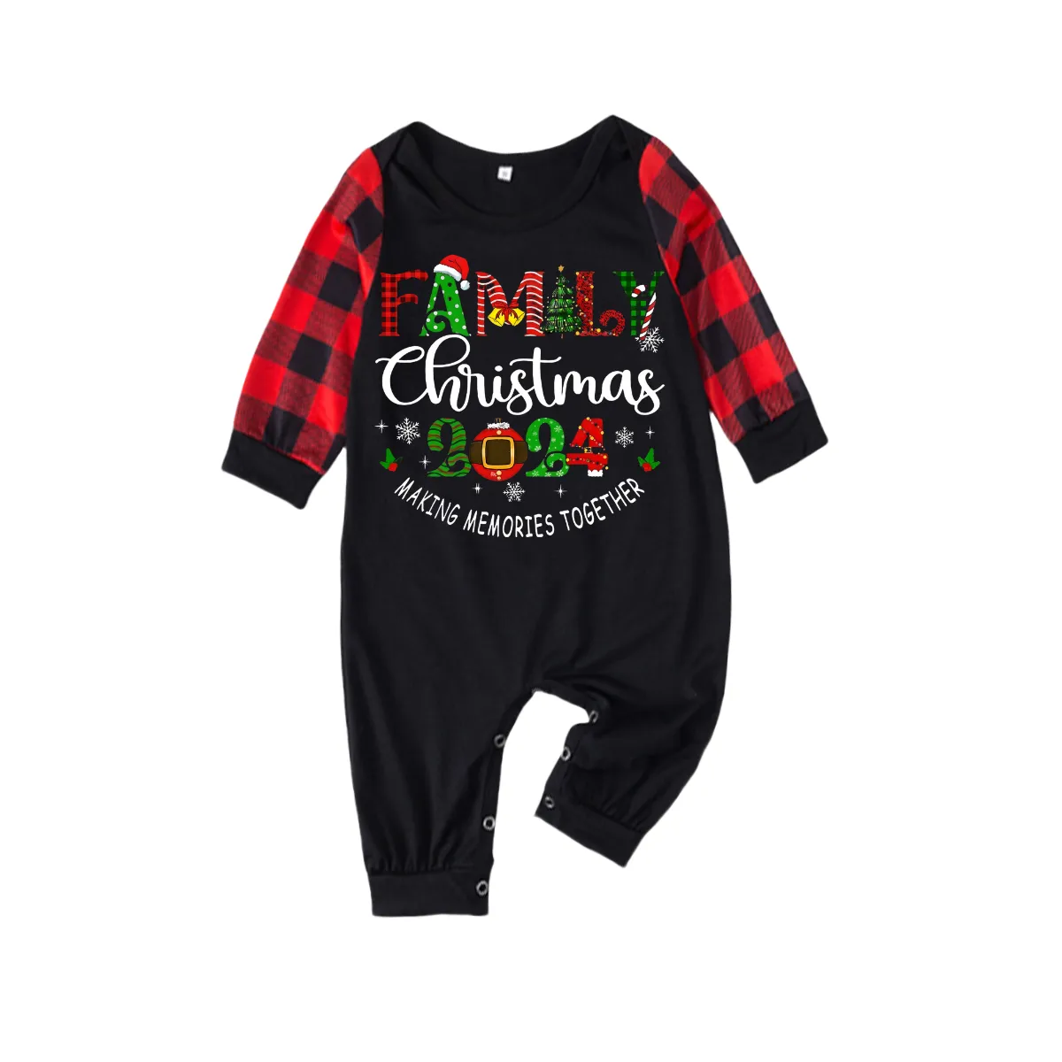 "Family Christmas 2024" Cute Print Black & Red Plaid Christmas Matching Pajamas