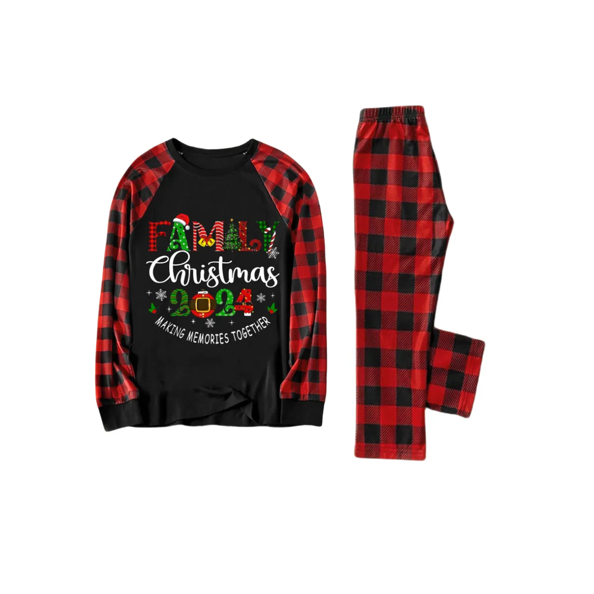 "Family Christmas 2024" Cute Print Black & Red Plaid Christmas Matching Pajamas