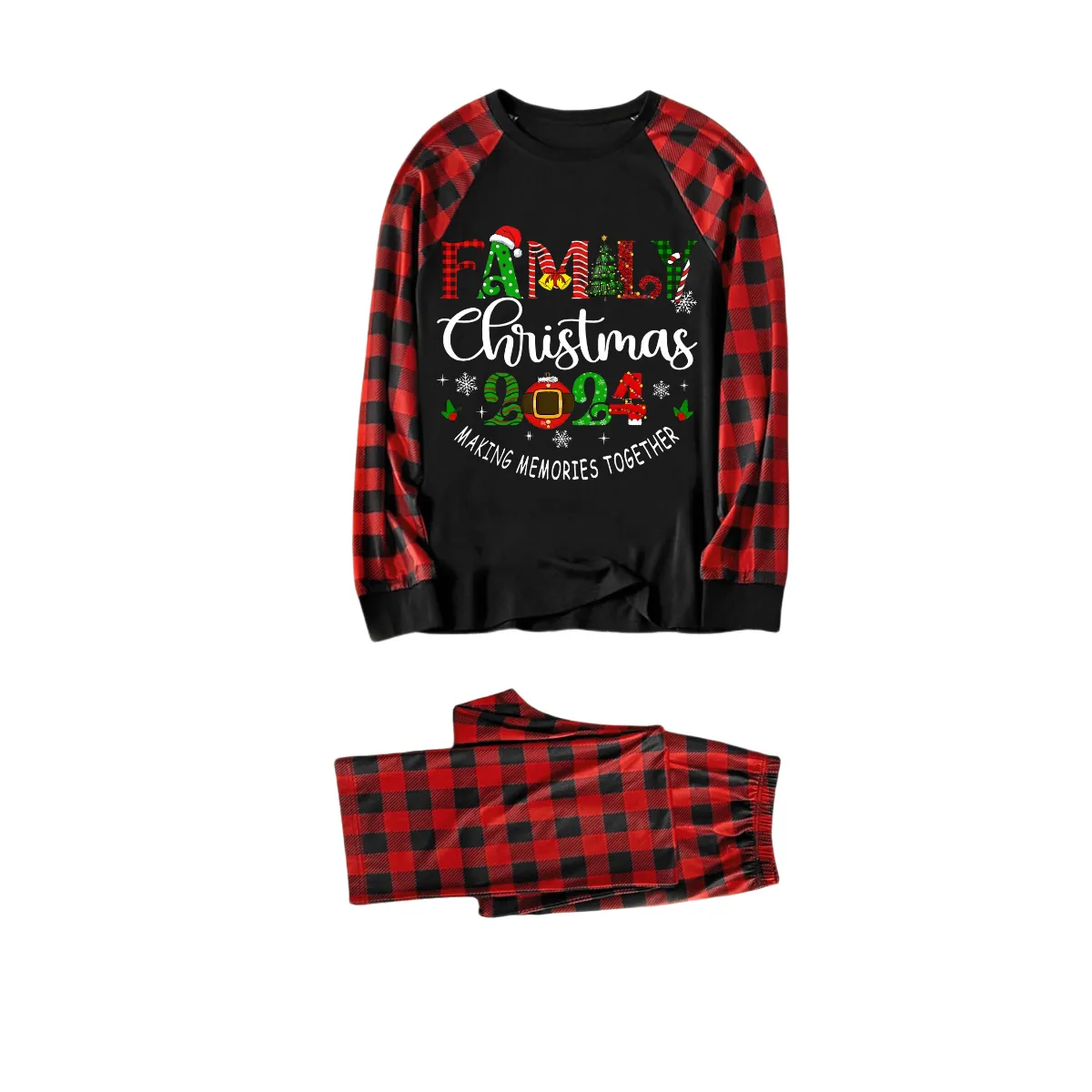 "Family Christmas 2024" Cute Print Black & Red Plaid Christmas Matching Pajamas