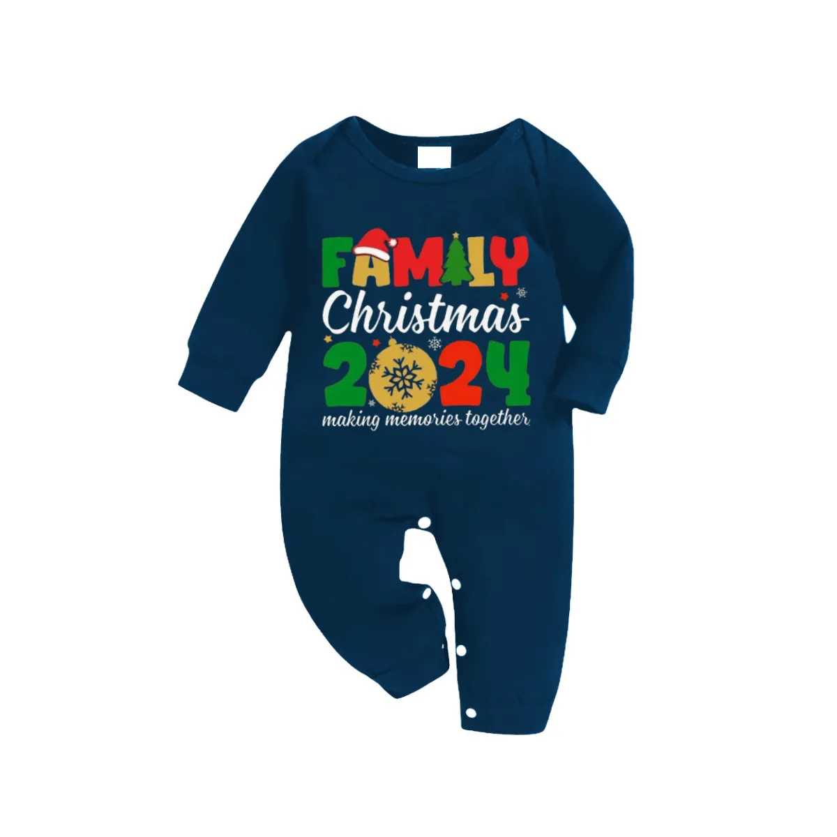 "Family Christmas 2024" Cute Text and Santa Hat Prints Blue Long Sleeve Top With Blue Plaid Family Matching Pajamas