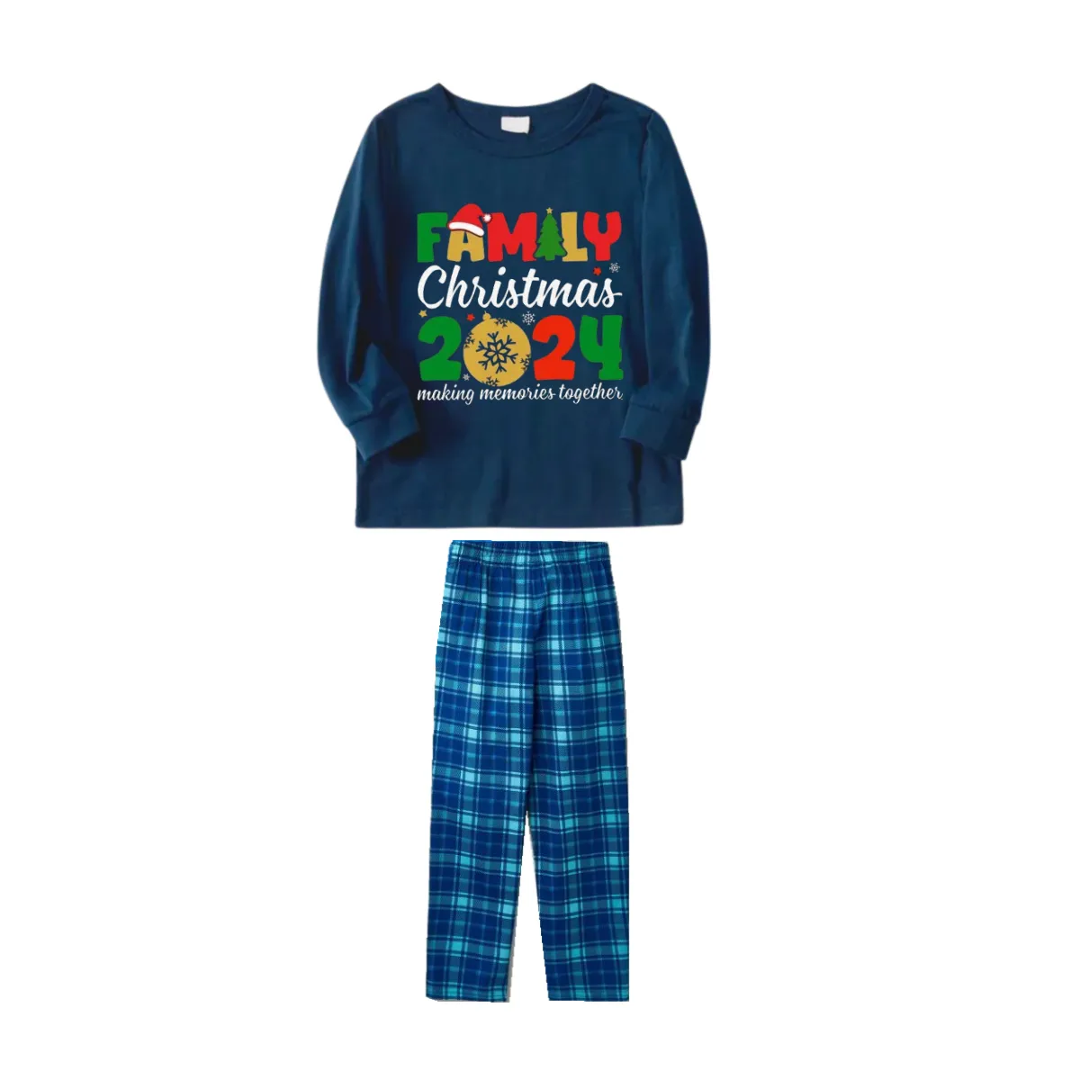 "Family Christmas 2024" Cute Text and Santa Hat Prints Blue Long Sleeve Top With Blue Plaid Family Matching Pajamas