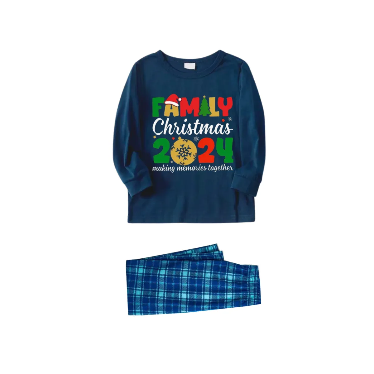 "Family Christmas 2024" Cute Text and Santa Hat Prints Blue Long Sleeve Top With Blue Plaid Family Matching Pajamas