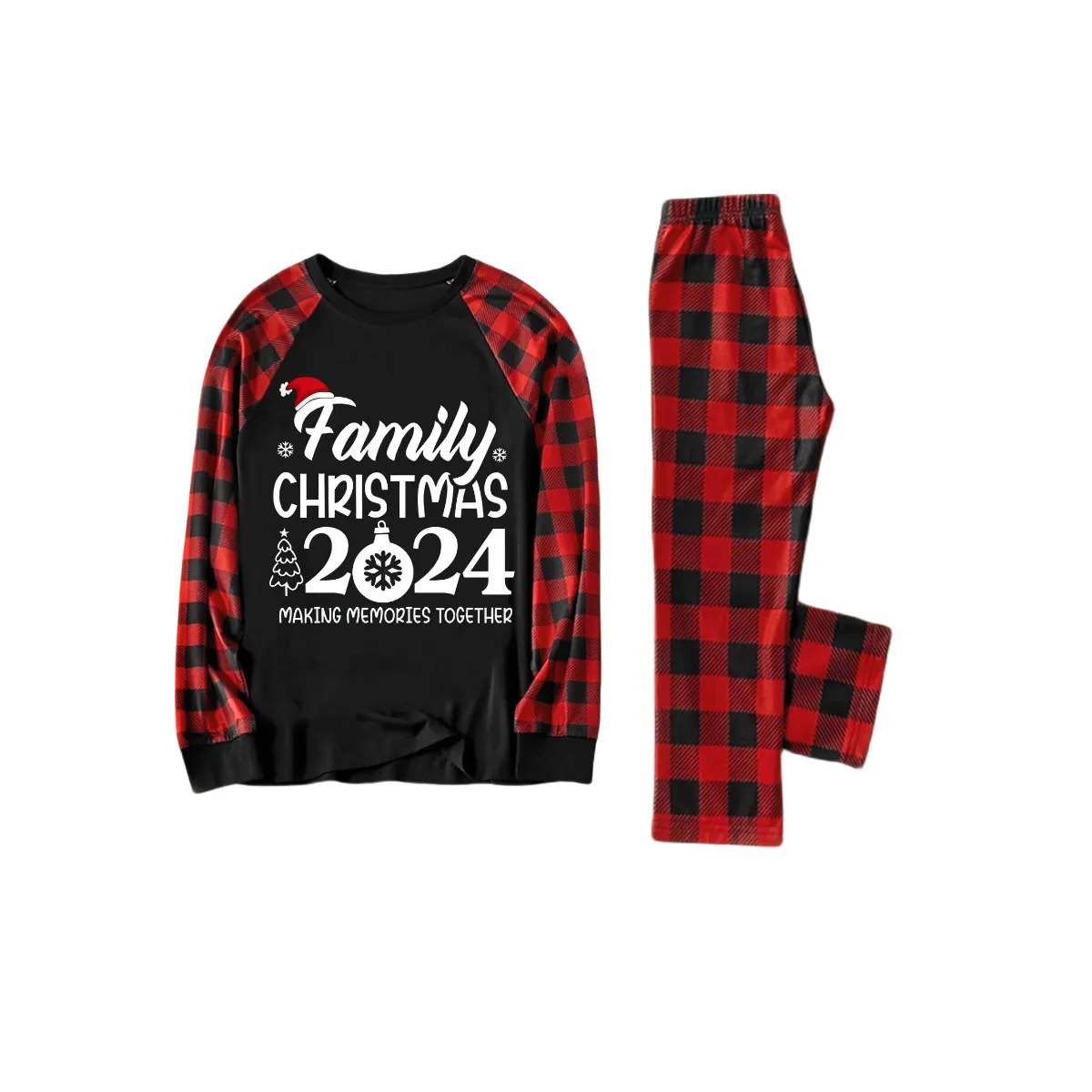 "Family Christmas 2024" Text Print Black & Red Plaid Family Matching Pajamas