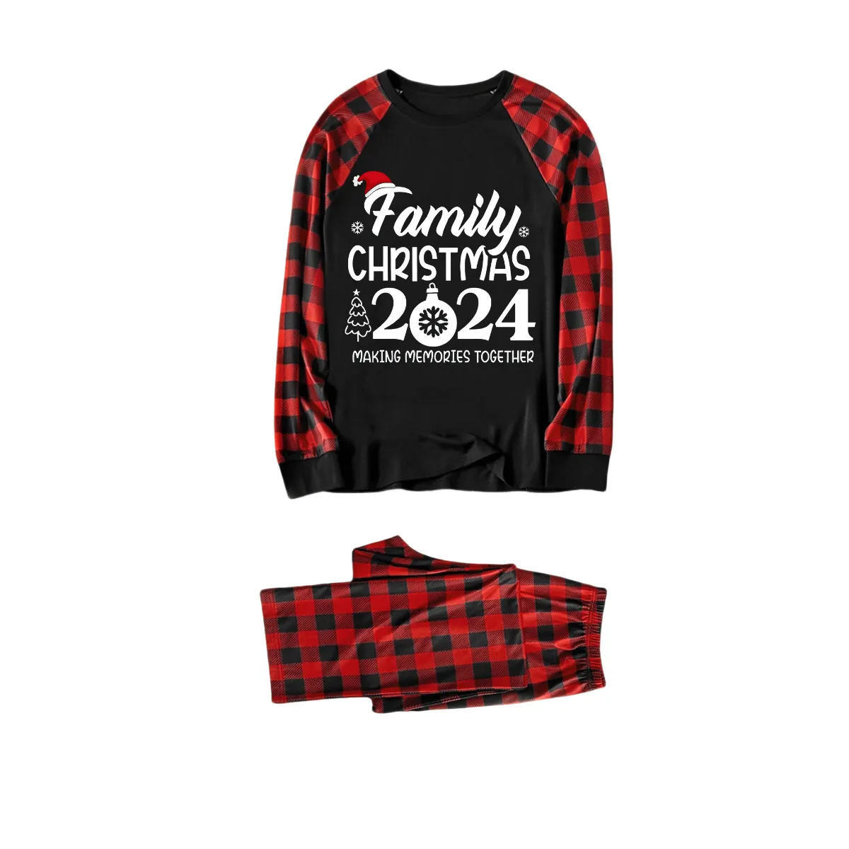 "Family Christmas 2024" Text Print Black & Red Plaid Family Matching Pajamas