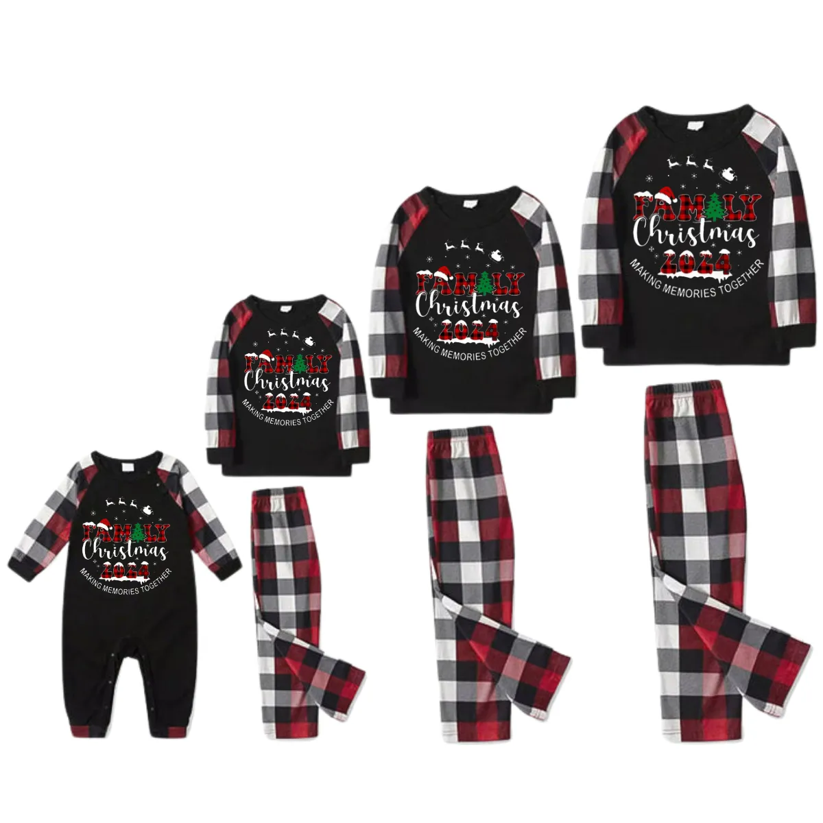 "FAMILY CHRISTMAS 2024" Text Printed and Santa Hat Pattern- Black Top with Red&Black&White Plaid Sleeves - Family Matching Pajamas