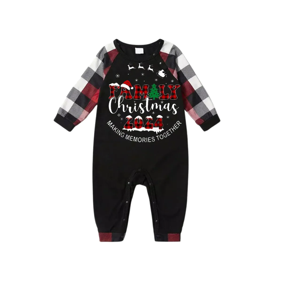 "FAMILY CHRISTMAS 2024" Text Printed and Santa Hat Pattern- Black Top with Red&Black&White Plaid Sleeves - Family Matching Pajamas