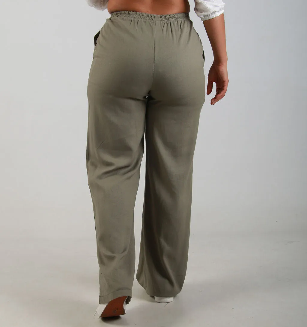 RELAXED WIDE LEG LINEN PANTS – GREEN