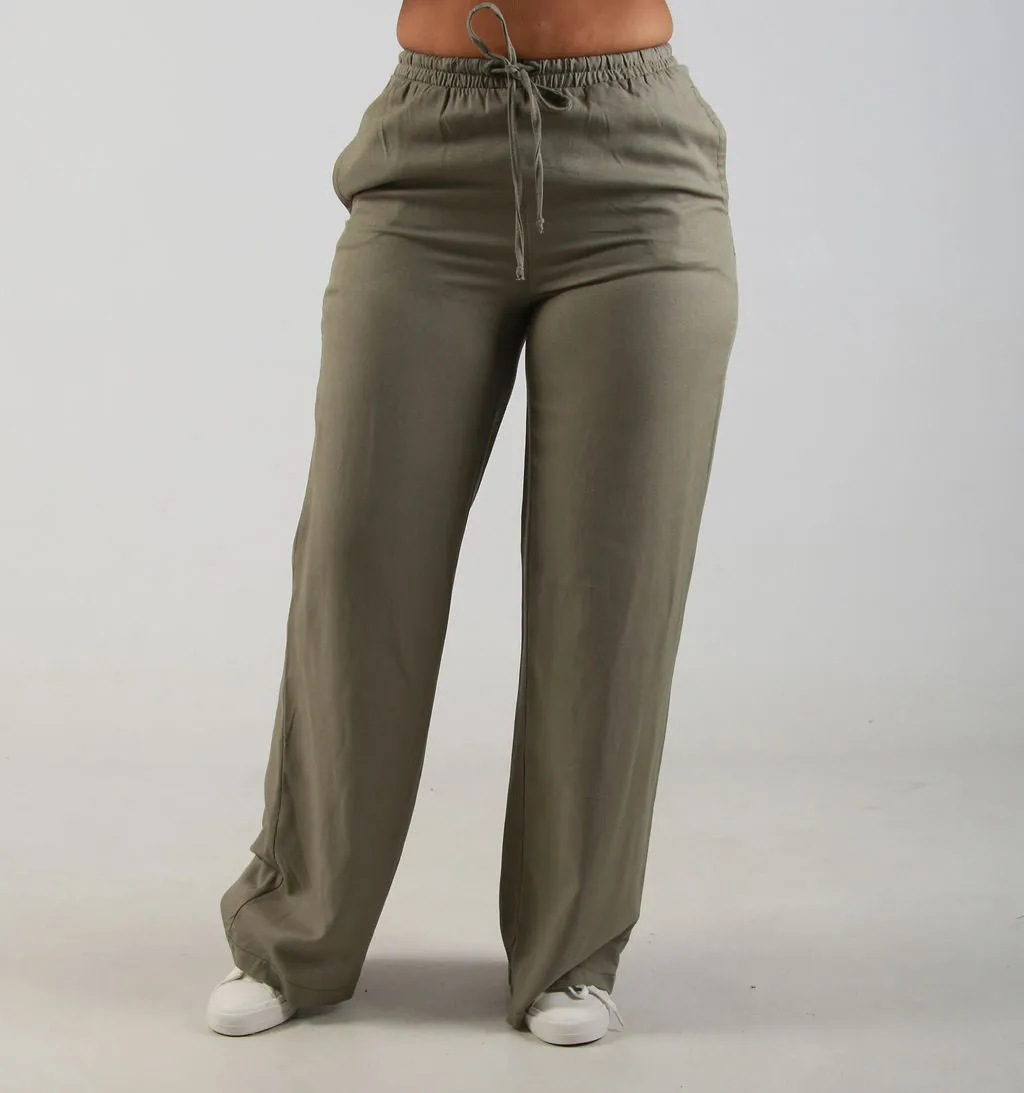 RELAXED WIDE LEG LINEN PANTS – GREEN