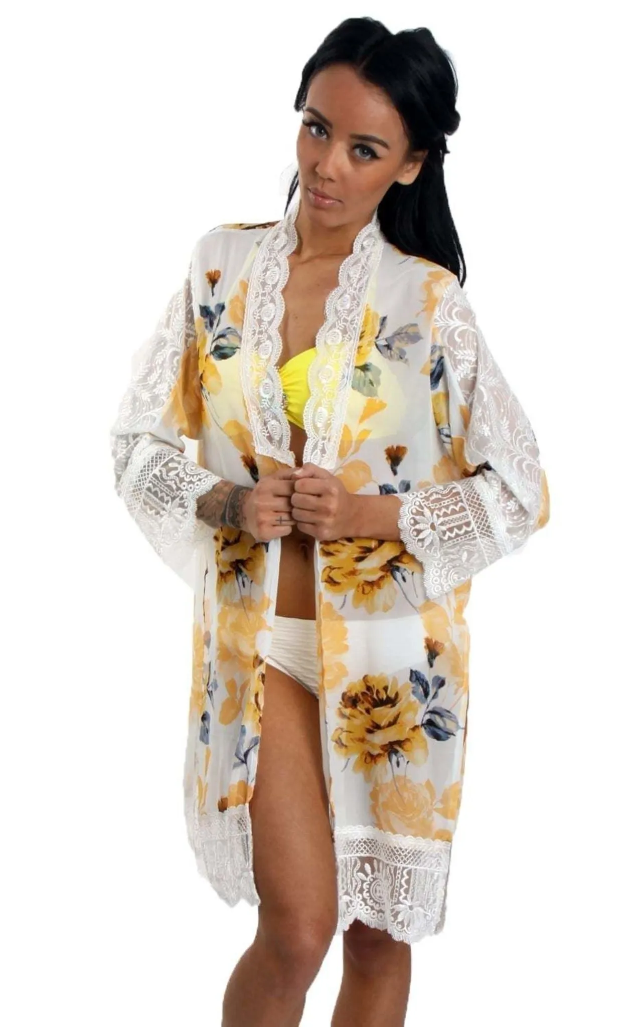 Rose Print Longline Kimono With Lace Trim And Side Split