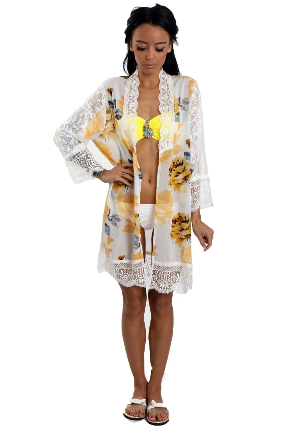 Rose Print Longline Kimono With Lace Trim And Side Split