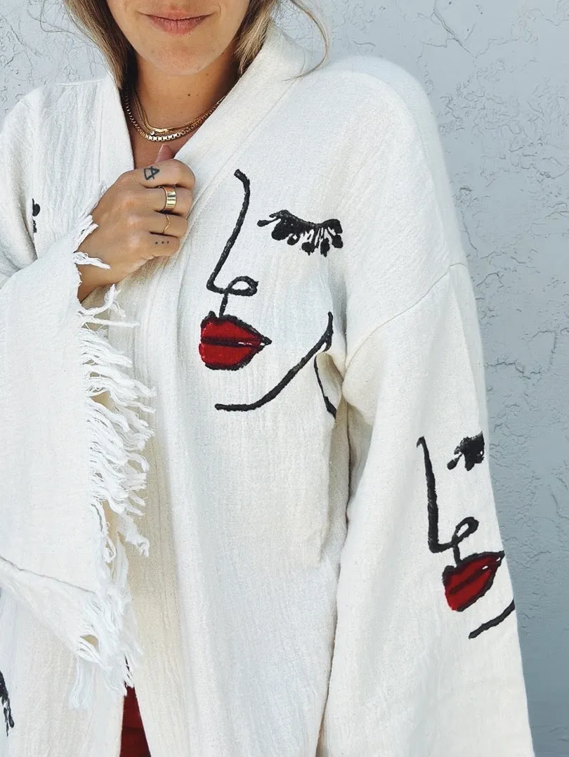 Ruby Woo Hand Painted Lady W/ Red Lip Kaftan Robe