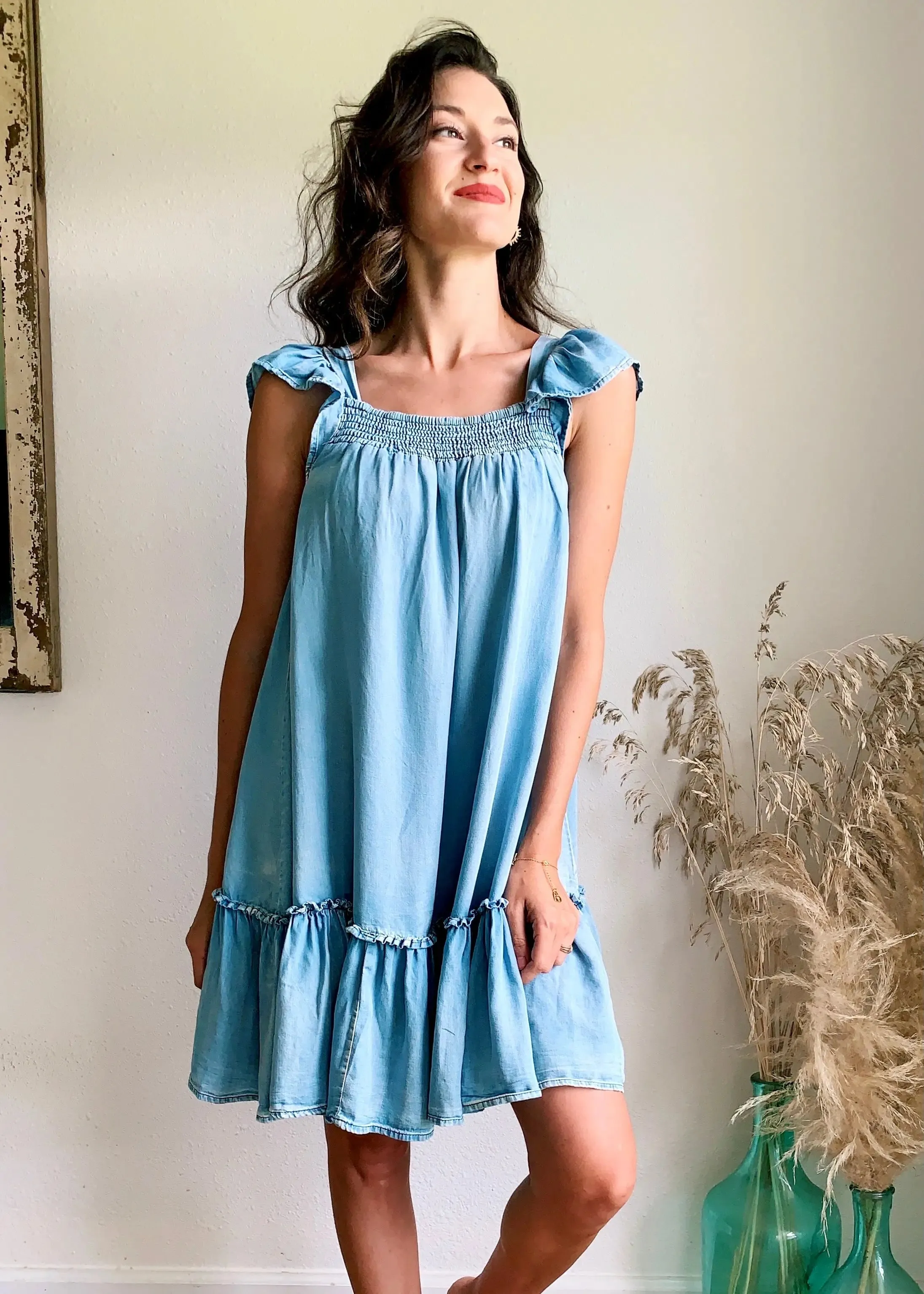 Ruffled Cap Sleeve Chambray Babydoll Dress