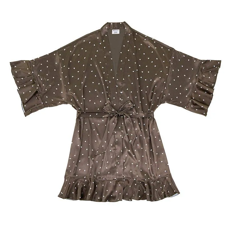 Ruffled Satin Robe - Brown Hearts