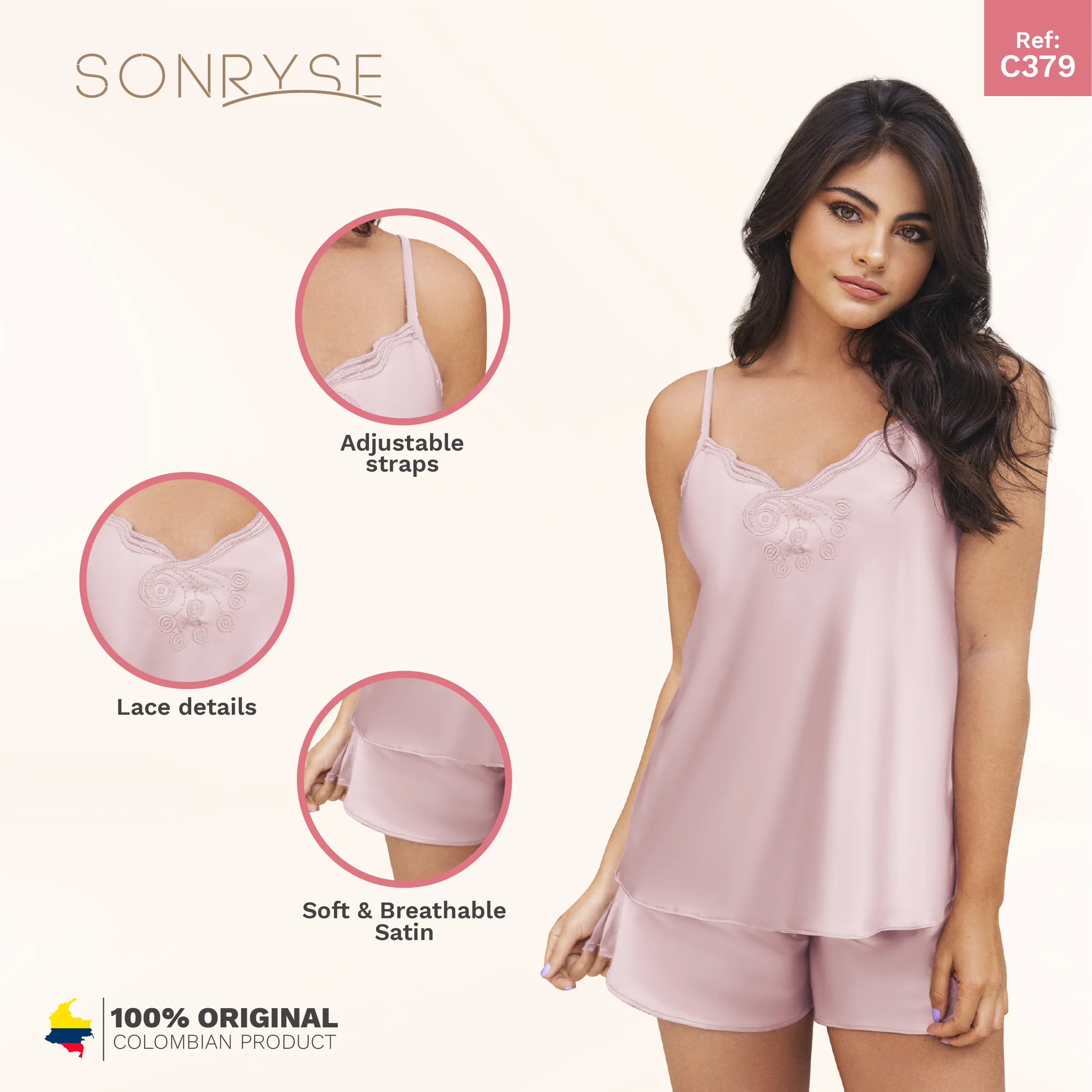 SONRYSE 379 | Two Piece Women's Satin Sleepwear Silk Robes with Lace Details | Short & Top | Daily Use