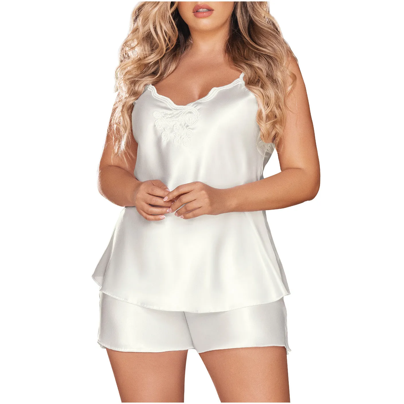 SONRYSE 379 | Two Piece Women's Satin Sleepwear Silk Robes with Lace Details | Short & Top | Daily Use