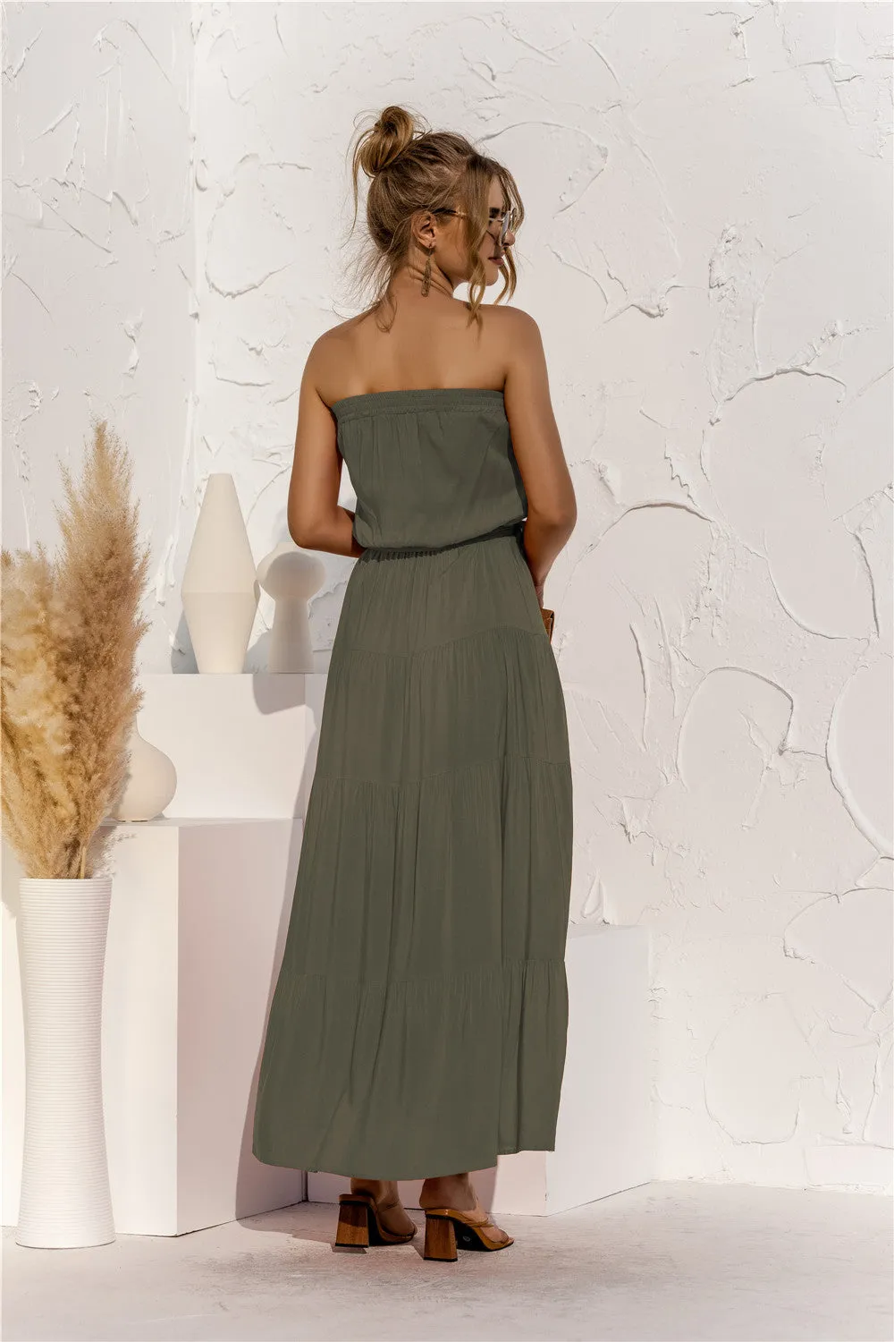 Strapless Tie Waist Tiered Maxi Dress