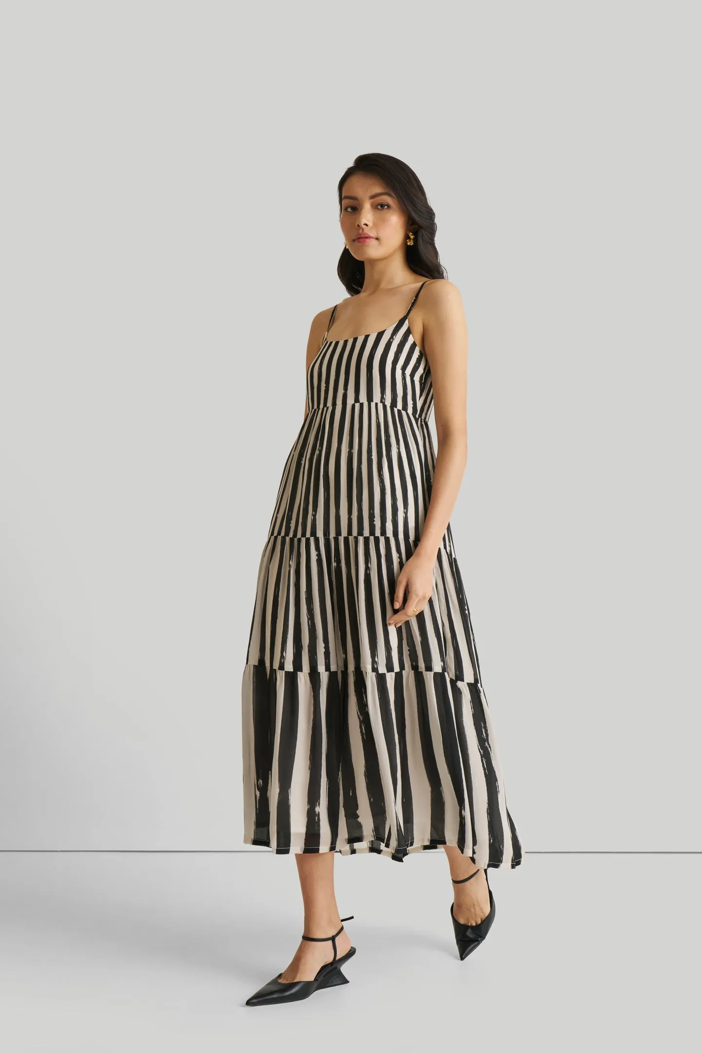 Strappy Tiered Maxi Dress in Black Stripes