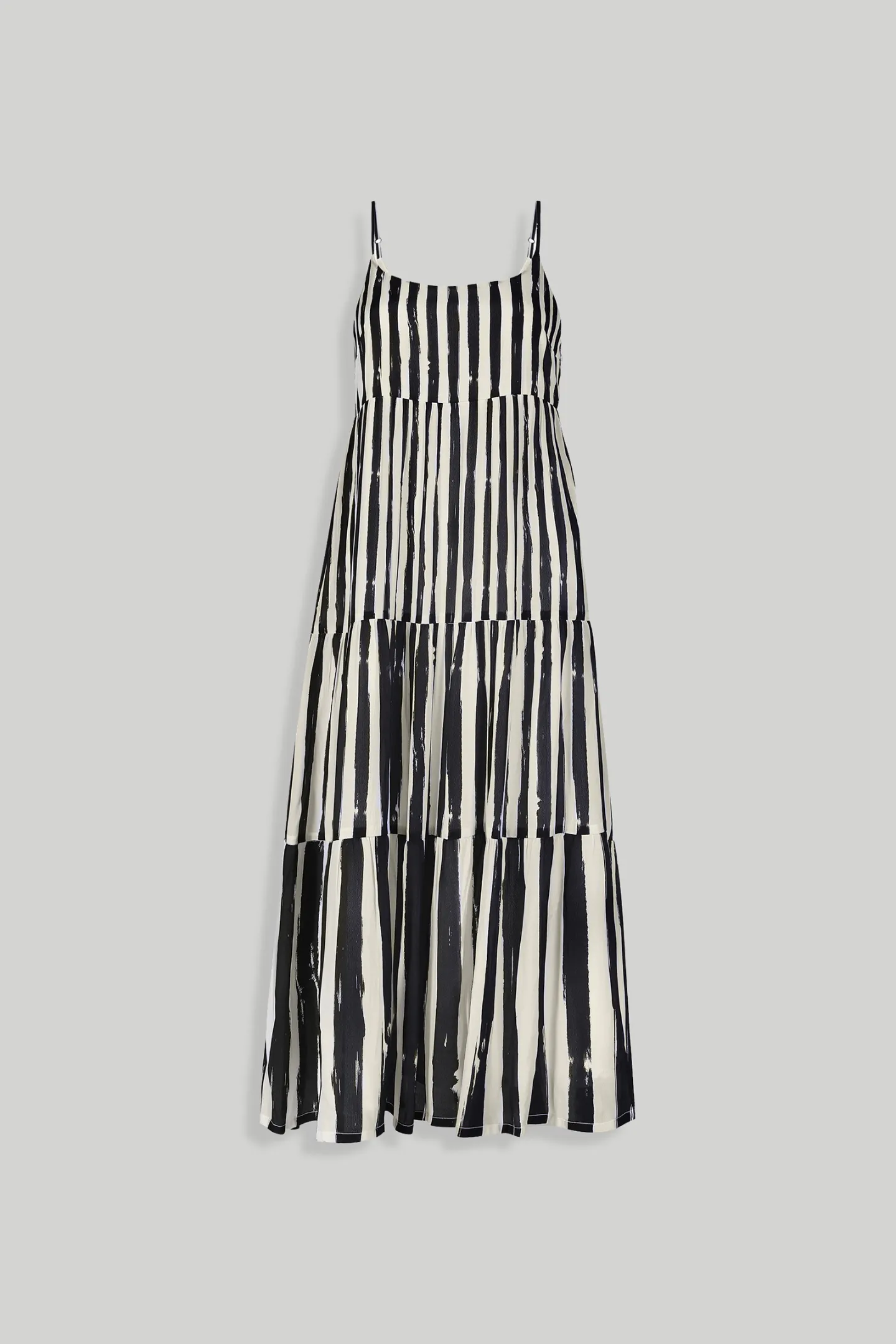 Strappy Tiered Maxi Dress in Black Stripes