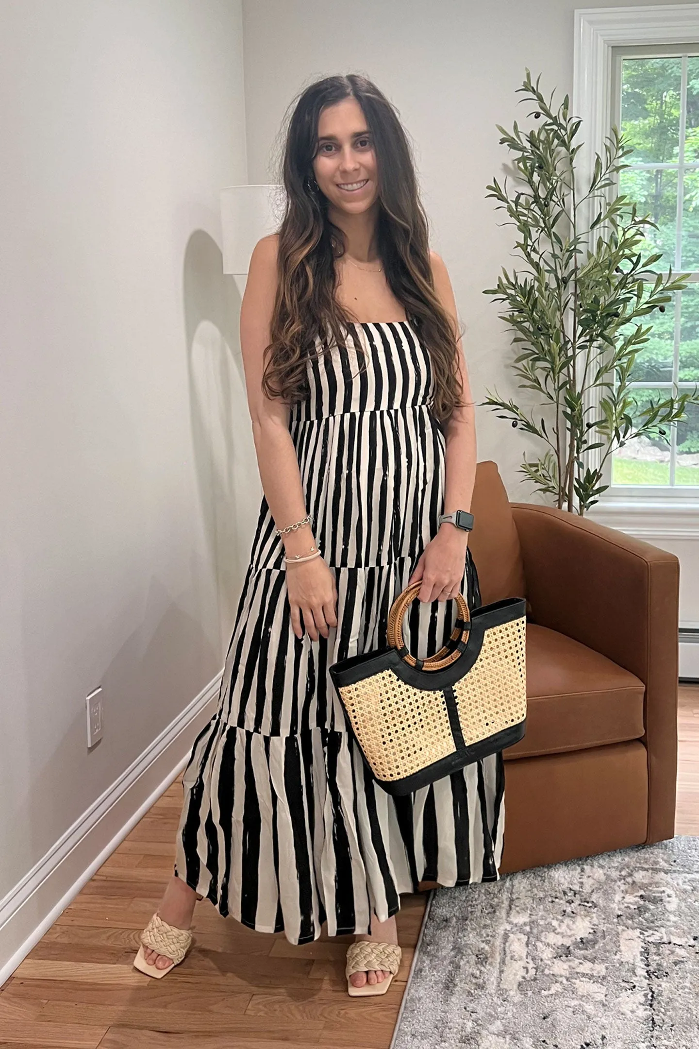 Strappy Tiered Maxi Dress in Black Stripes