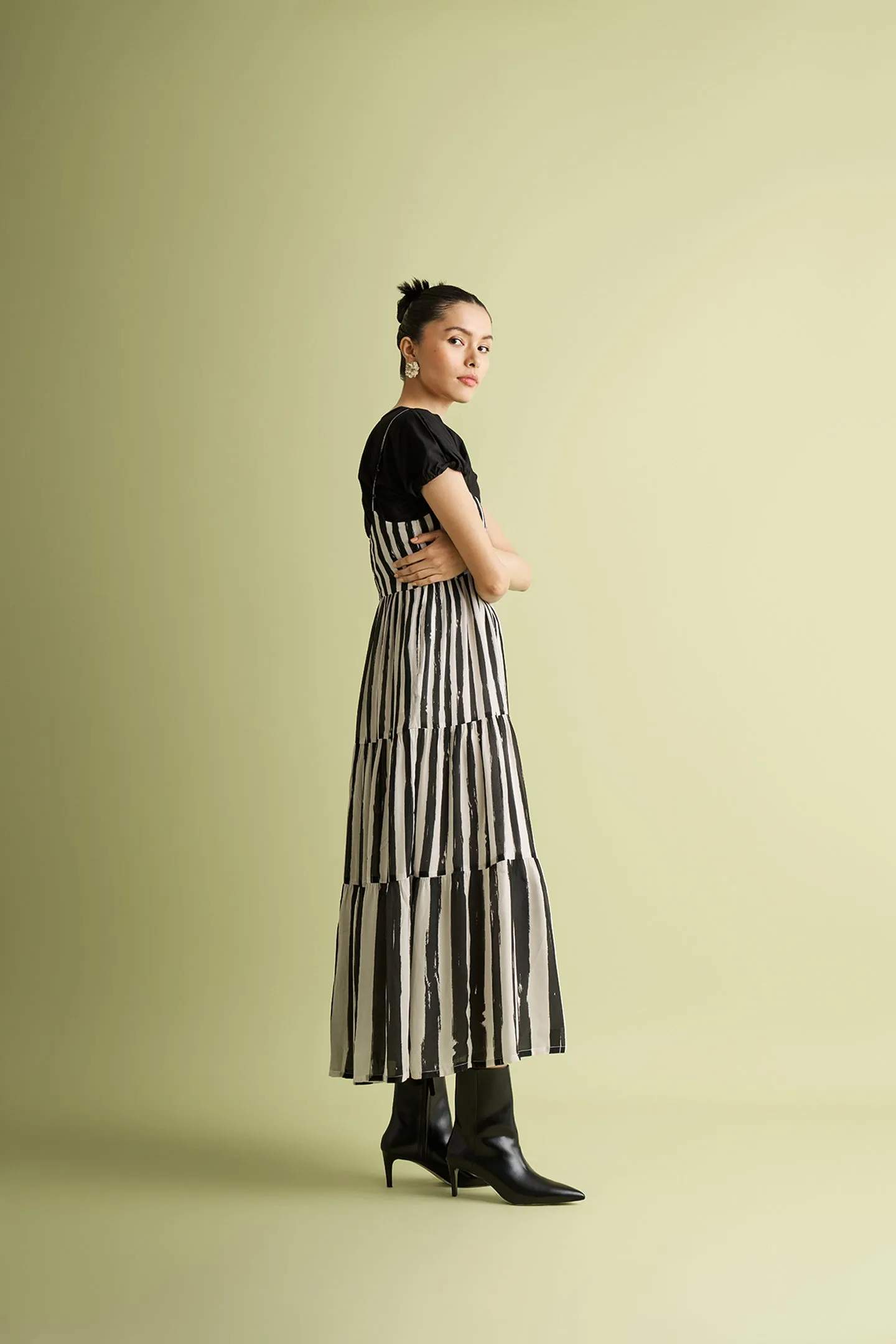 Strappy Tiered Maxi Dress in Black Stripes