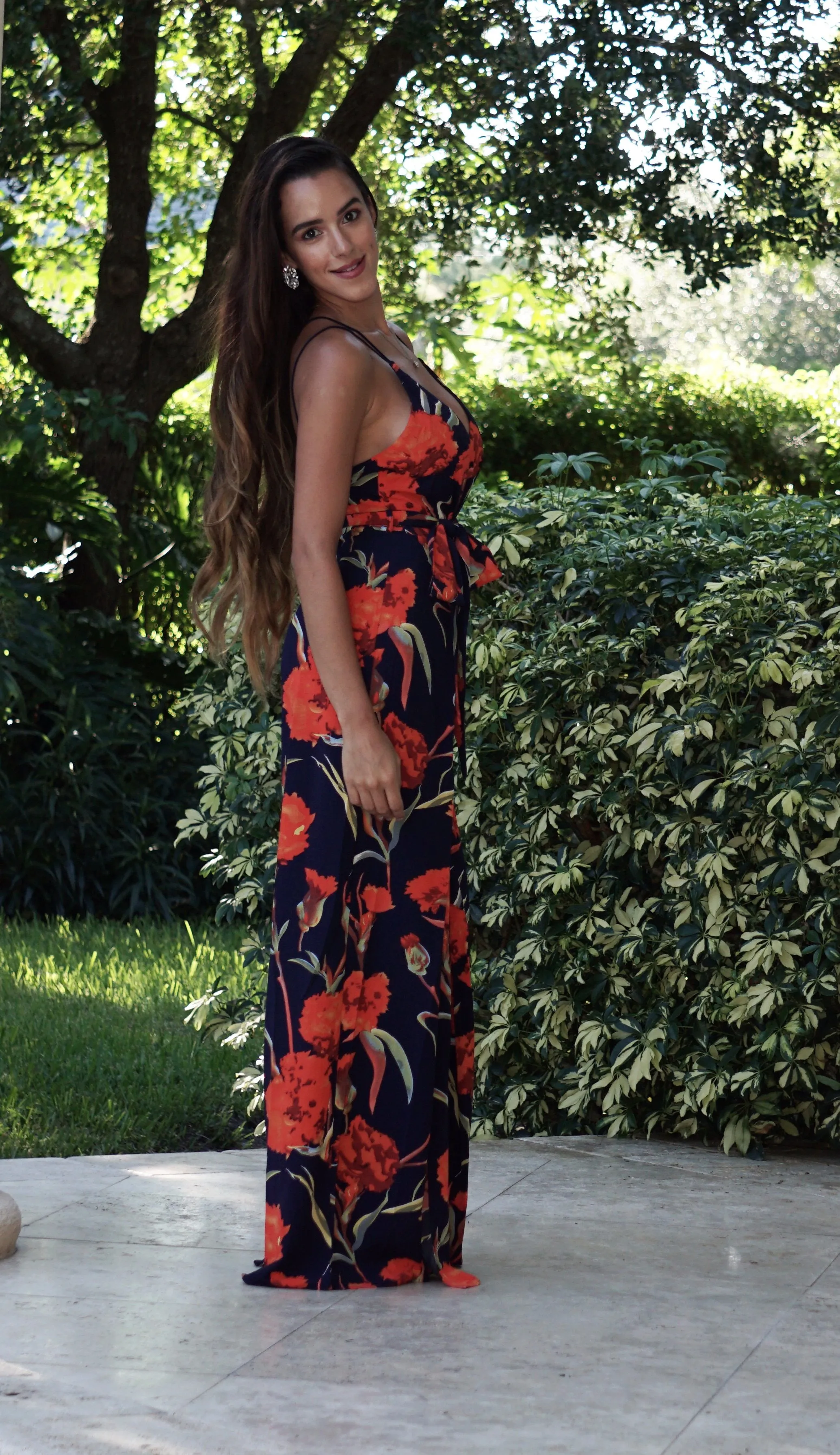 Sweet Center Slit Jumpsuit - Navy Roses