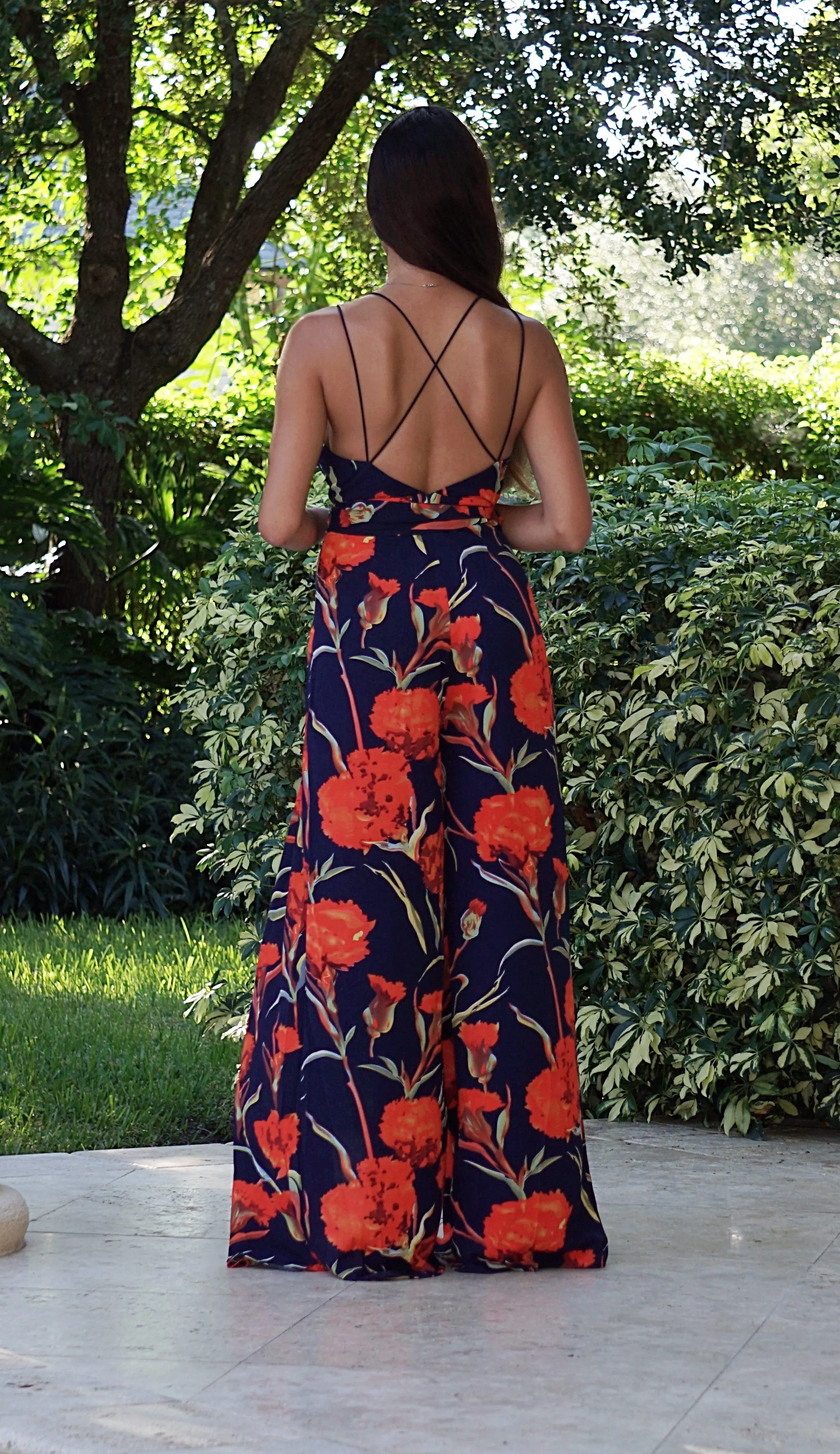 Sweet Center Slit Jumpsuit - Navy Roses