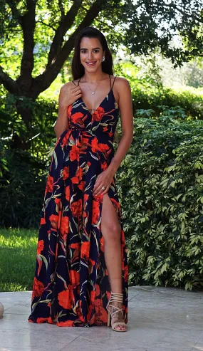 Sweet Center Slit Jumpsuit - Navy Roses