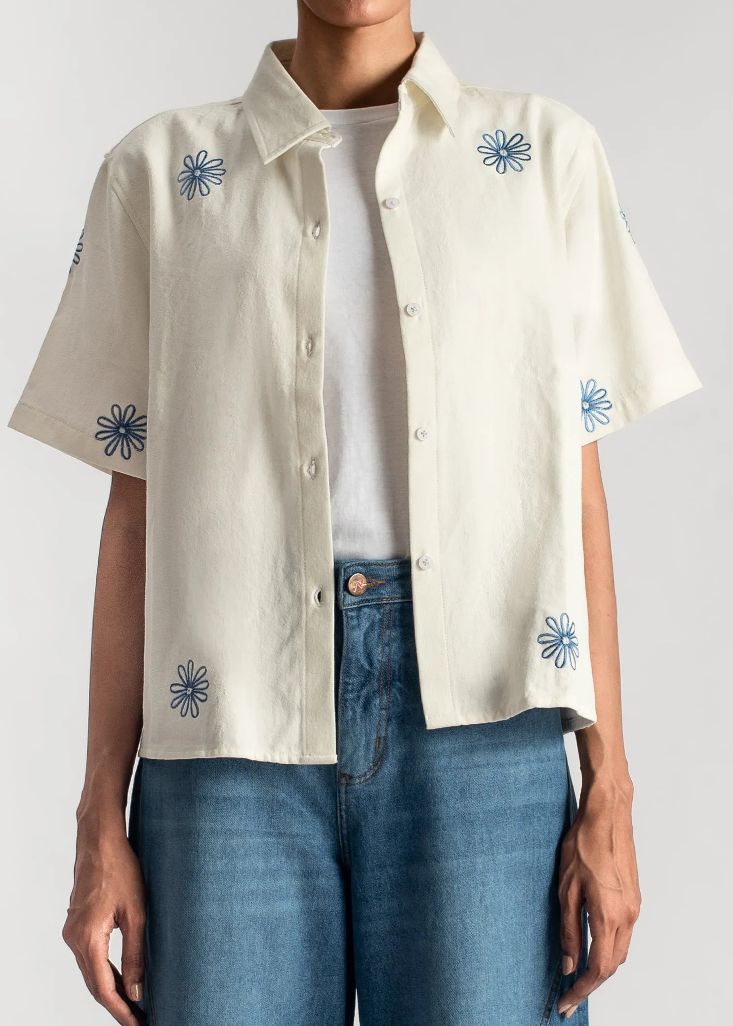 White Embroidered Boxy Shirt-Blue