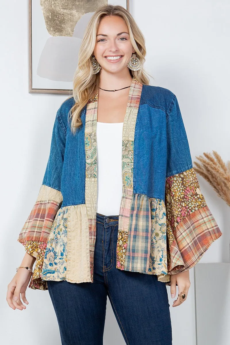 Young Threads Open Front Western Boho Kimono in Denim