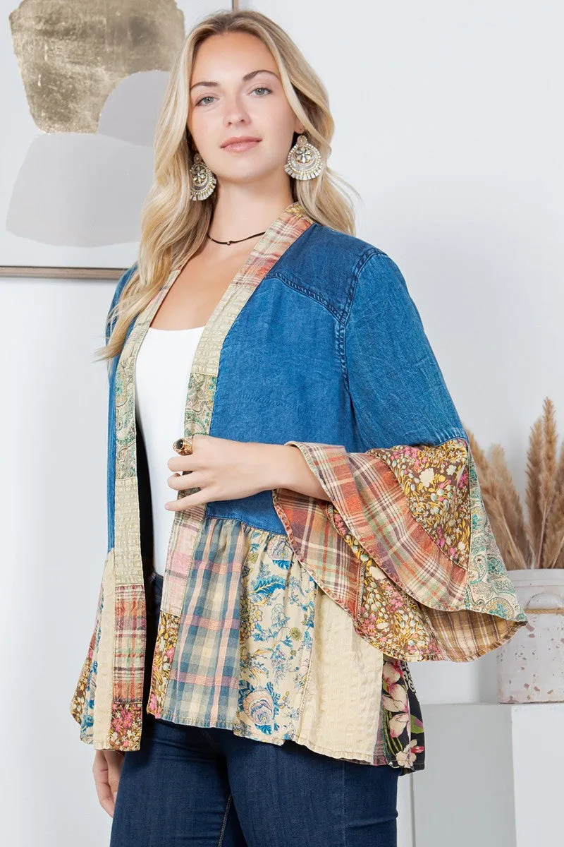 Young Threads Open Front Western Boho Kimono in Denim