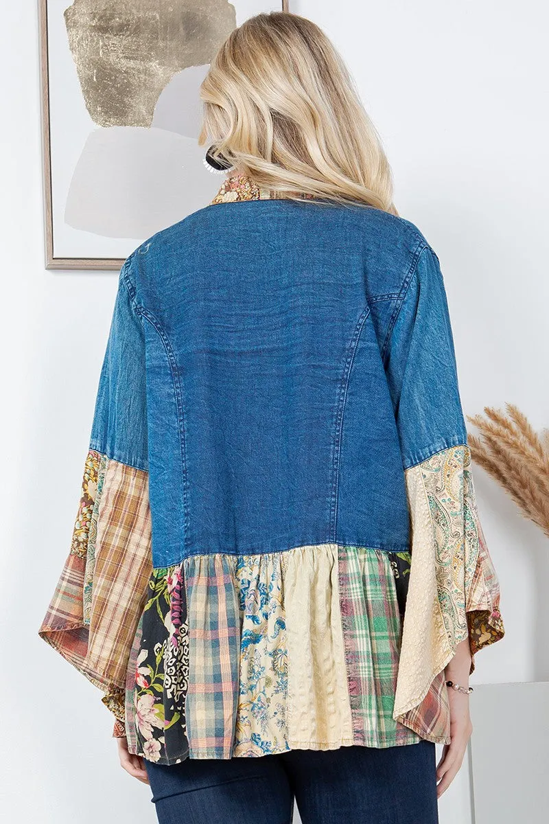 Young Threads Open Front Western Boho Kimono in Denim