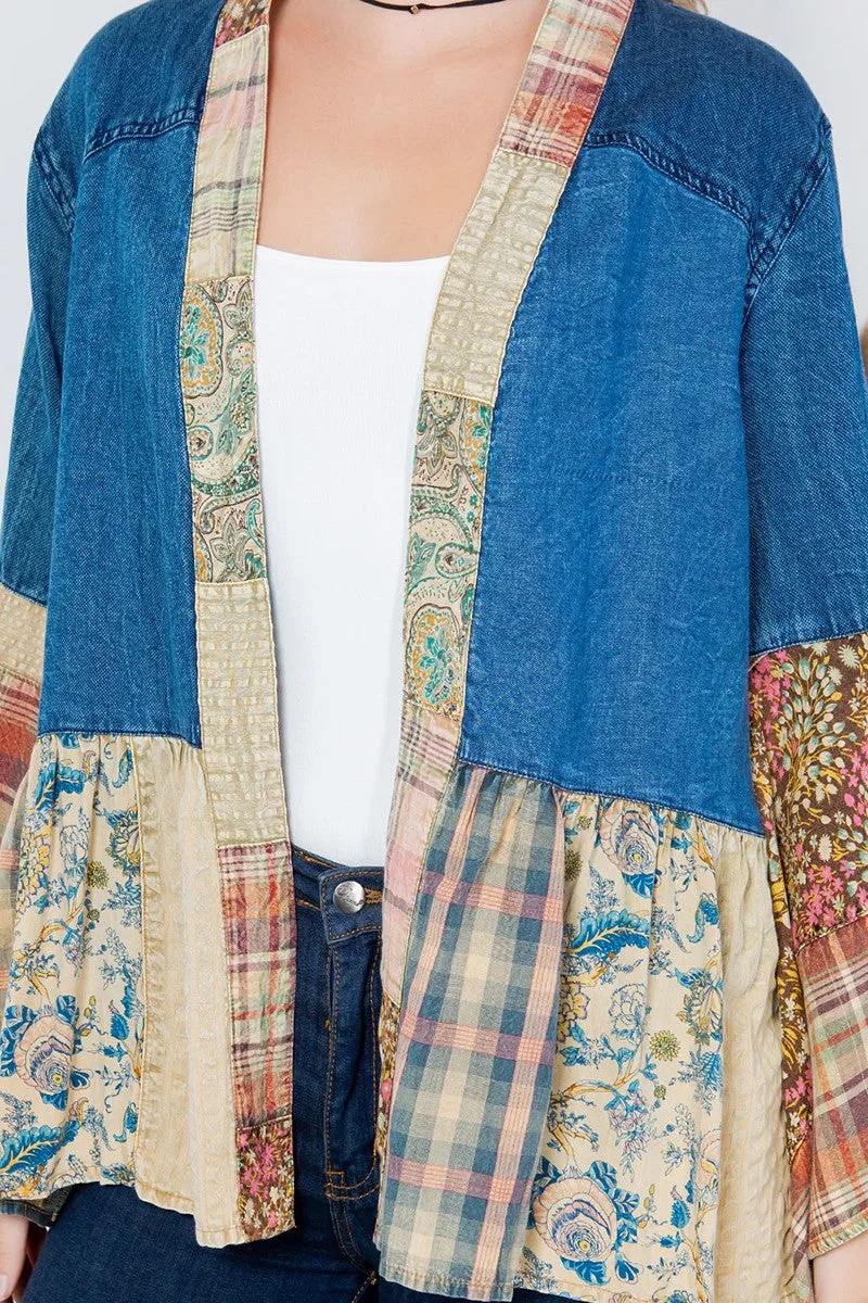 Young Threads Open Front Western Boho Kimono in Denim